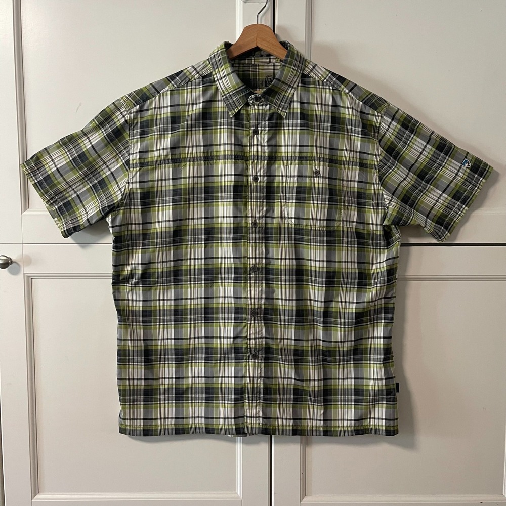 Kuhl Mens XXL Green Plaid Short Sleeve Button Down Hiking Shirt